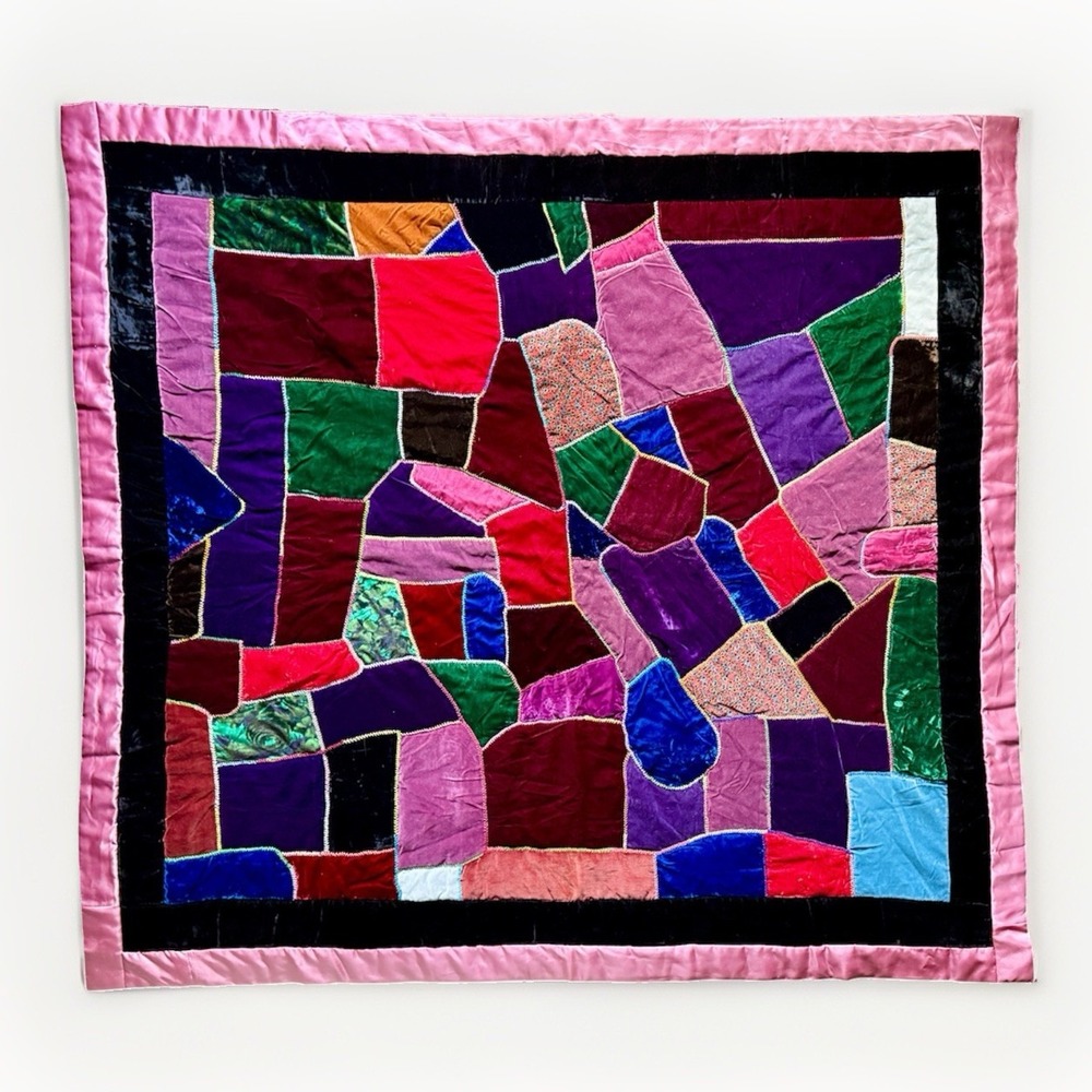 VTG Handmade Velvet Crazy Quilt 65x60 Alice Bjelland Patchwork Renaissance Jewel